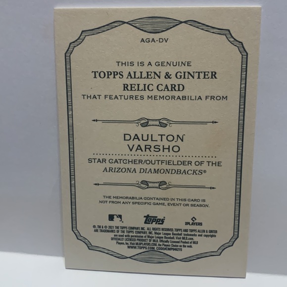 2021 ALLEN & GINTER RC RELIC DAULTON VARSHO DIAMONDBACKS AGA-DV (MISC7) - Picture 2 of 2